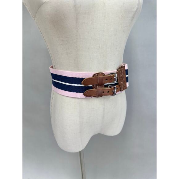 Polo Ralph Lauren Pink Navy Striped Webbed Canvas Double Buckle Belt Size Small - Picture 3 of 16